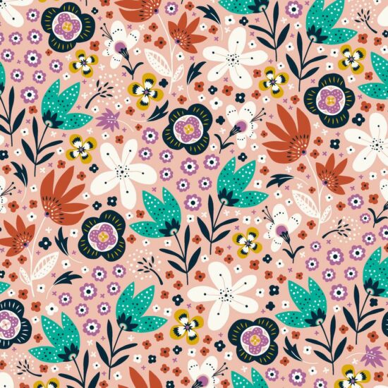 tissu coton imprimé Dahwood Studio fond rose nude motif floral et végétal stylisé vert turquoise ocre jaune blanc