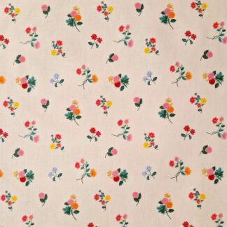 Tissu Rifle Paper Co coton imprimé floral collection Dahlia des mini bouquets de dahlias en semis rose, jaune, orange ponctué de vert sur ce fond beige rosé