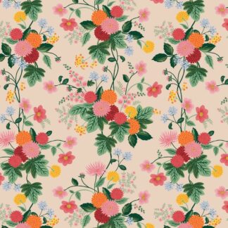 Tissu coton imprimé bouquets de fleurs Rifle Paper Co dahlias rose orange jaune rose sur fond beige rosé