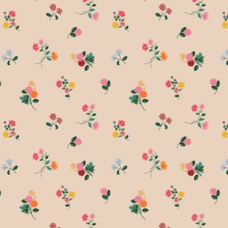 Tissu coton imprimé mini bouquets de fleurs Rifle Paper Co dahlias rose orange jaune rose sur fond beige rosé