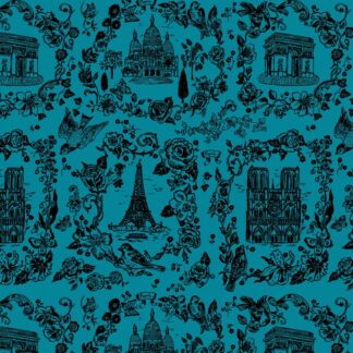 Tissu imprimé les monuments de Paris de Nathalie Léte, sur ce fond bleu tous les monuments de Paris dessinés au trait