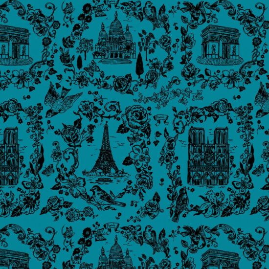 Tissu imprimé les monuments de Paris de Nathalie Léte, sur ce fond bleu tous les monuments de Paris dessinés au trait