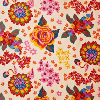 tissu en coton imprimé motif floral Nathalie Lété fleurs colorées couleurs chaudes sur fond blanc crème motif solaire
