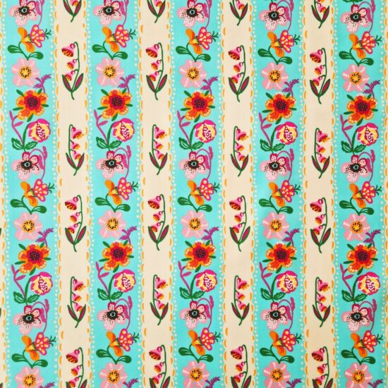 Tissu en coton imprimé rayures de fleurs bleu aqua et crème