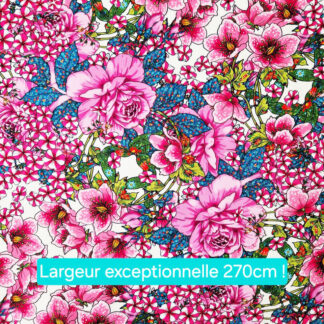 Tissu imprimé coton Sous la pergola collection le langage des fleurs par Odile Bailloeul floral intense joyeux coloré rose bleu crème vert