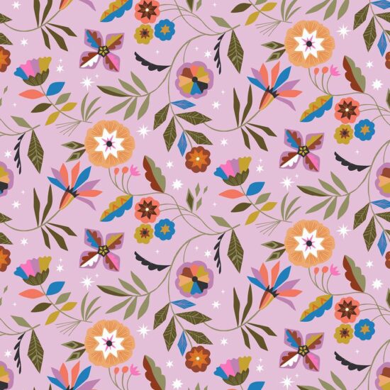 Tissu coton imprimé desert moon dashwood studio motif floral et végétal coloré sur fond mauve