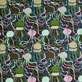 Tissu Free Spirit Rising Tide coton imprimé aquatique méduses vert mousse émeraude violine qui s'entremêlent