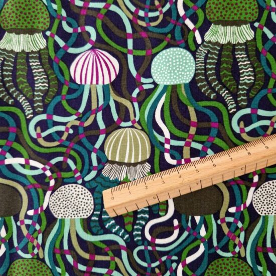Imprimé coton méduses tentacules entremêlées vert mousse, lichen, bleu pétrole et violine graphique coloré