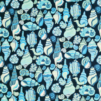 Tissu free spirit Rising Tide coton imprimé coquillages bleu vert blanc sur fond bleu nuit
