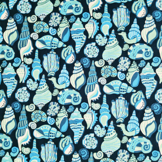 Tissu free spirit Rising Tide coton imprimé coquillages bleu vert blanc sur fond bleu nuit