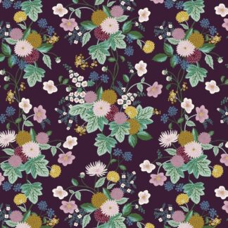 Tissu coton imprimé fleurs collection Dahlia Rifle Paper Co rose mauve vert anis vert tendre écru contrastent sur ce fond prune