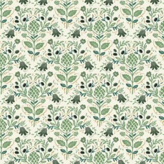 Tissu coton imprimé artichauts collection Dahlia Rifle Paper Co sur ce fond crème un entrelac végétal et floral vert tendre vert foncé graphique avec des notes métallisées or