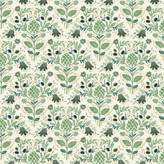 Tissu coton imprimé artichauts collection Dahlia Rifle Paper Co sur ce fond crème un entrelac végétal et floral vert tendre vert foncé graphique avec des notes métallisées or