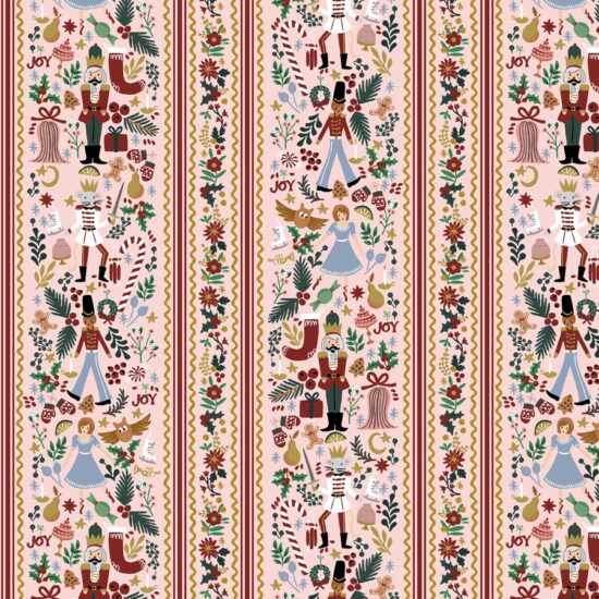 Tissu rifle paper co imprimé noel holiday classics rayures sur fond rose nude casse noisette ballerine, bottes de noel