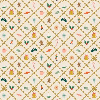 Tissu rifle paper co imprimé noel holiday classics résille dorée sur fond crème dans laquelle on retrouve tous les sujets de Noël canne à sucre, confiseries, houx dans des couleurs douces