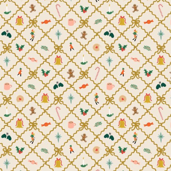 Tissu rifle paper co imprimé noel holiday classics résille dorée sur fond crème dans laquelle on retrouve tous les sujets de Noël canne à sucre, confiseries, houx dans des couleurs douces