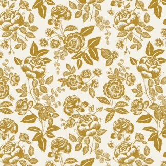 Tissu coton Rifle paper co English Rose imprimé fleurs doré métallisé sur fond blanc