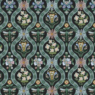 Tissu coton imprimé English rose graphique noir et vert céladon doré métallisé comme un petit bijou aux accents cashmere
