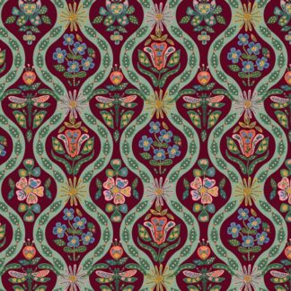 Tissu coton imprimé English rose graphique bordeaux vert céladon doré métallisé comme un petit bijou aux accents cashmere