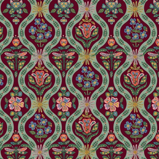 Tissu coton imprimé English rose graphique bordeaux vert céladon doré métallisé comme un petit bijou aux accents cashmere