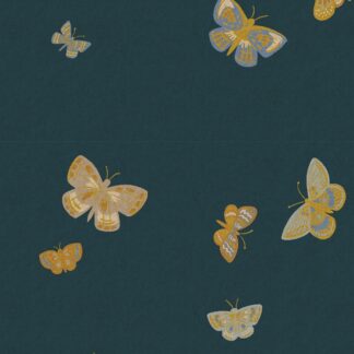 Tissu lin coton canvas rifle paper co English rose imprimé envolée de papillons pastels sur fond bleu paon