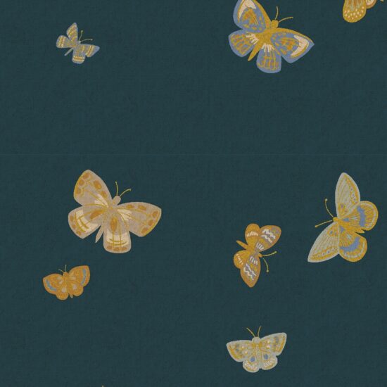 Tissu lin coton canvas rifle paper co English rose imprimé envolée de papillons pastels sur fond bleu paon
