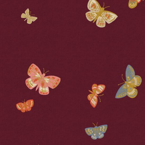 Tissu lin coton canvas rifle paper co English rose imprimé envolée de papillons pastels sur fond bordeaux