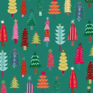 Tissu Candy Cane Dashwood Studio imprimé sapins de Noël rouges verts oranges jaunes sur un fond vert