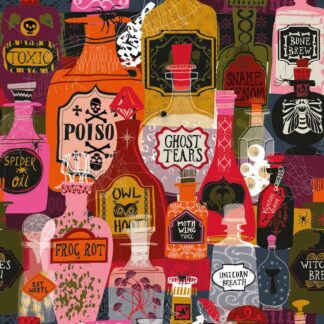 Coton imprimé the witching hour dashwood studio l'heure des sorcieres parfait pour halloween motifs avec des fioles d epoison couleurs jaunes orange