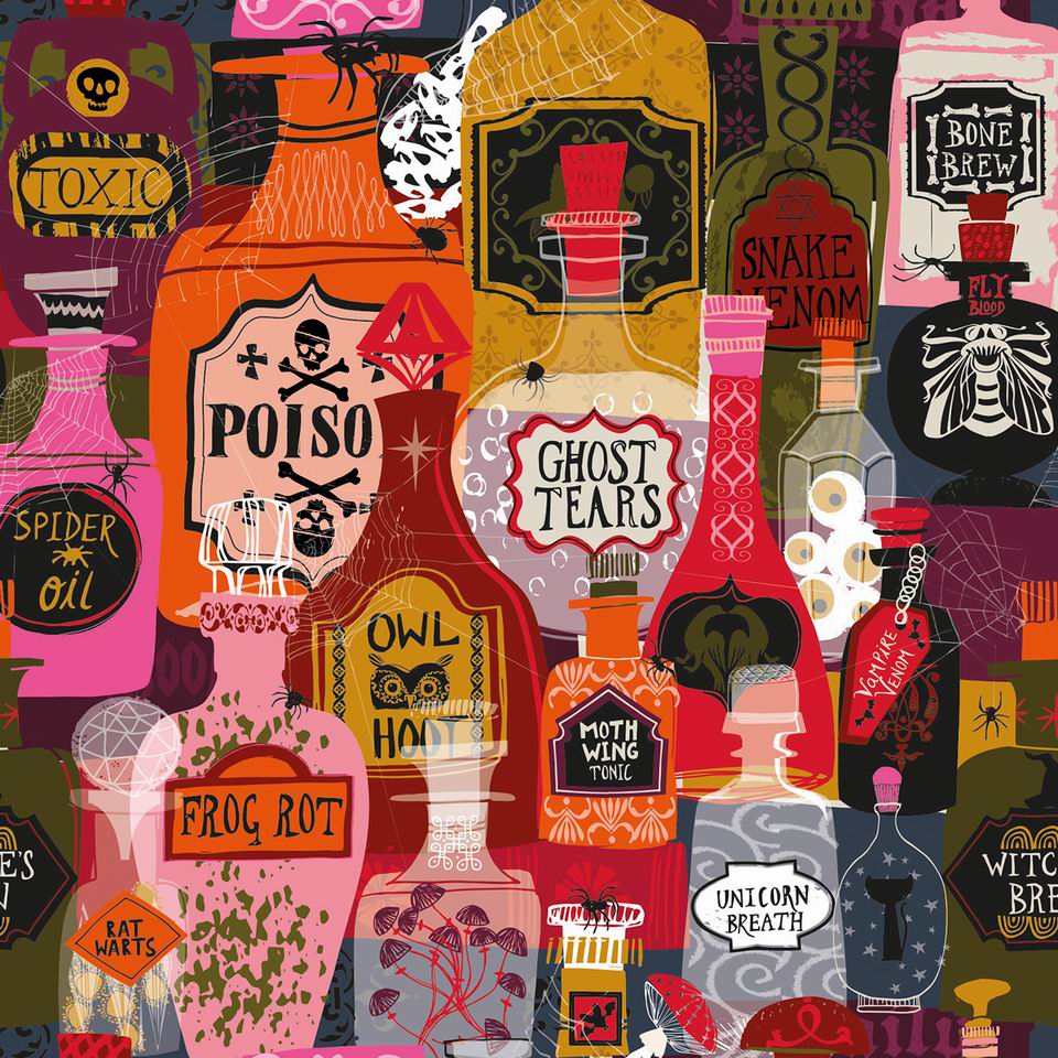 Resize of WITCH2607 Coton imprimé the witching hour dashwood studio l'heure des sorcieres parfait pour halloween motifs avec des fioles d epoison couleurs jaunes orange