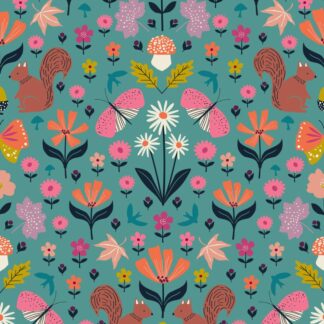 Woodland tissu coton Dashwood Studio imprimé automnal avec des écureuils bruns des fleurs oranges et roses et des champignons orange et blanc mauve sur fond bleu vert