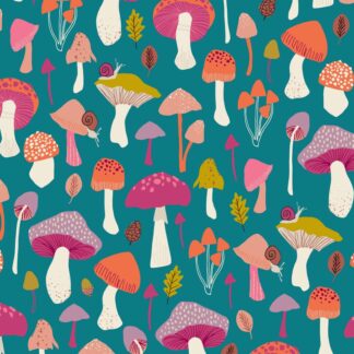 Woodland tissu coton Dashwood Studio imprimé champignons rose orange mauve sur fond bleu