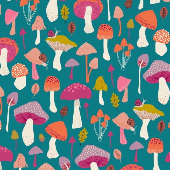 Woodland tissu coton Dashwood Studio imprimé champignons rose orange mauve sur fond bleu