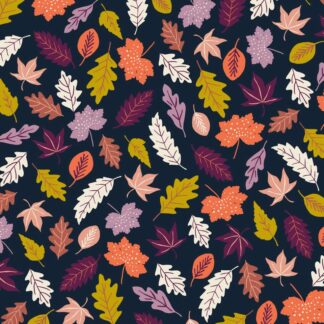 Woodland tissu coton Dashwood Studio imprimé feuilles prune mauve vert orange anis écru orange sur fond noir