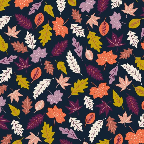 Woodland tissu coton Dashwood Studio imprimé feuilles prune mauve vert orange anis écru orange sur fond noir