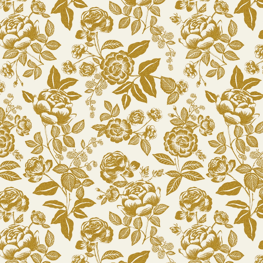 Rifle Paper Co Englis Rose Rose Doré Ecru Tissu coton Rifle paper co English Rose imprimé fleurs doré métallisé sur fond blanc
