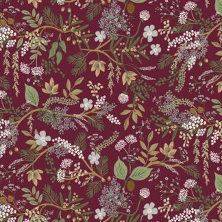 Tissu coton imprimé Rifle Paper Co Vintage Garden feuillage sur fond bordeaux imprimé végétal