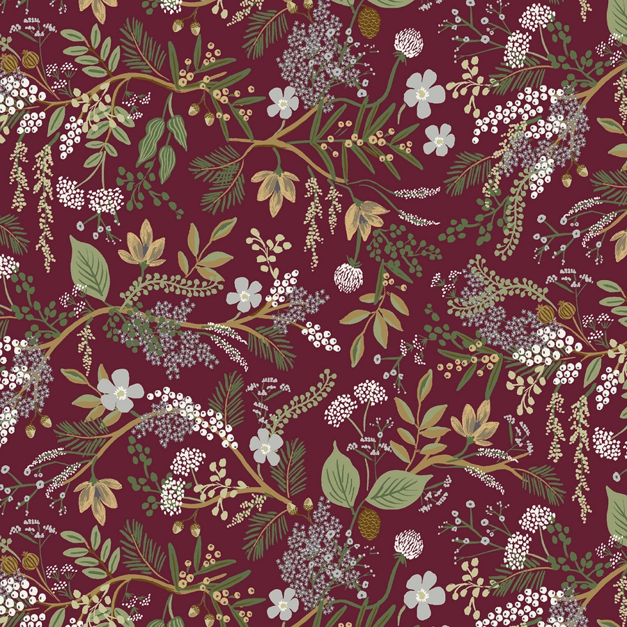 Rifle Paper Co Vintage Garden Feuillage Bordeaux Tissu coton imprimé Rifle Paper Co Vintage Garden feuillage sur fond bordeaux imprimé végétal