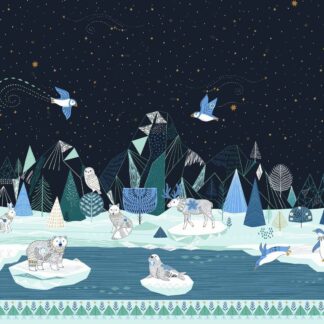 Tissu en coton imprimé Arctic Dashwood Studio imprimé panoramique évoquant la banquise ours blanc, phoque, manchot,