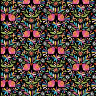 Tissu coton imprimé Dashwood Studio Viva la Vida motif oiseaux et fleurs coloré joyeux rose orange vert jaune bleu sur fond noir