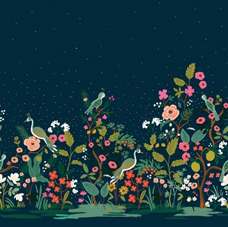 Tissu Rifle Paper Co English Garden panoramique motif en bordure animaux fleurs oiseaux sur fond bleu nuit