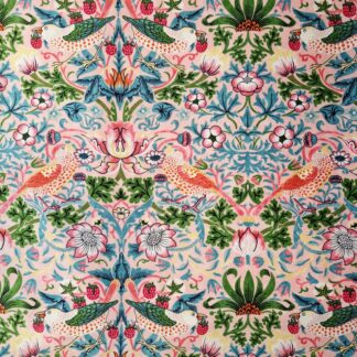 Tissu coton imprimé Morris and Co motif floral végétal oiseaux couleurs pastels rose vert bleu voleur de fraises