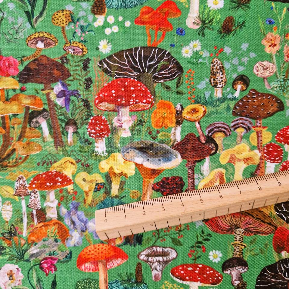 Imprimé champignons de Nathalie Lété champignons rouges oranges jaunes marrons noirs sur un fond vert mousse