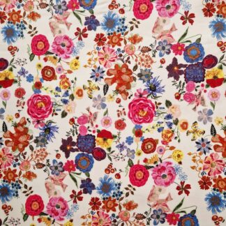 Tissu coton imprimé Free Spirit Nathalie Lété motif floral Folk Dream joyeux coloré des fleurs roses bleues sur un fond pêche clair
