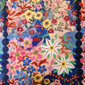 Tissu imprimé Blooming Garden de la collection symphonie pastorale de Nathalie Lété pour Free Spirit des fleurs de la couleur joyeux demésuré comme un tableau de Matisse des roses poudrés blush et bleu