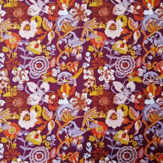 Tissu coton imprimé Rebecca de Nathalie Lété collection symphonie pastorale fond prune, oiseaux mauve, feuillage jaune moutarde, fleurs écru