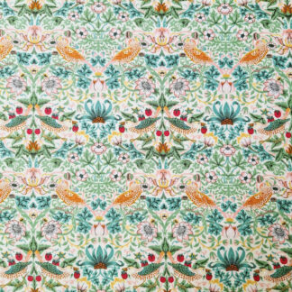 Tissu coton imprimé Morris and Co des oiseaux des fleurs des fruits couleurs pastels vert des oranges