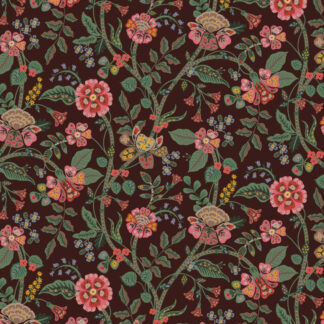 Tissu imprimé floral Rifle Paper Co collection Gracie comme des indiennes arabesques de fleurs corail rose blush sur un fond couleur marron moka