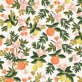 Tissu coton imprimé rifle paper co Primavera oranges et citrons sur fond bleu blanc creme