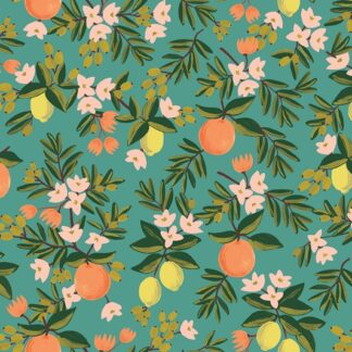 Tissu coton imprimé rifle paper co Primavera oranges et citrons sur fond bleu vert